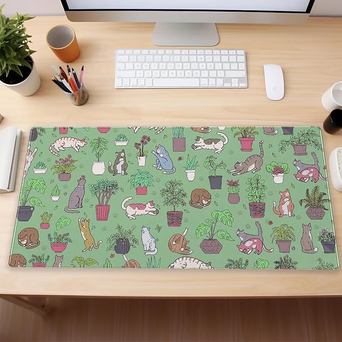 Cat Mouse Pad Green Desk Mat XXL Large Gaming Mousepad Sage Green Mouse Pads Cute Kawaii Bohemian Computer Mat Keyboard and Mouse Pad Office Desk Decor 31.5 x 15.7 in