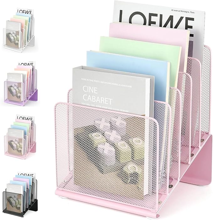 File Organizer for Desk, Desk Organizer with 5-Section Vertical File Rack, File Folder Organizer, Desk Accessories & Workspace Organizers (Pink)