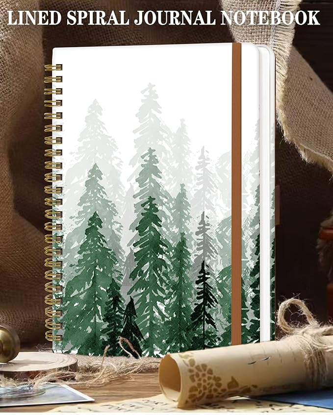 Spiral Journal Notebook for Women, Hardcover A5 College Ruled Notebook, 120 Pages, Thick Paper, Cute Lined Journal for School, Office & Work, 6 x 8.4 in(Green Tree Forest)