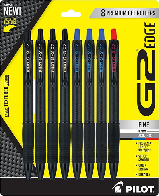 PILOT G2 Edge Assorted Premium Gel Roller Pens, 0.7 mm Fine Point Pens, Sensory Writing Experience, 8ct Box - Ideal for School, Journaling & Office Writing