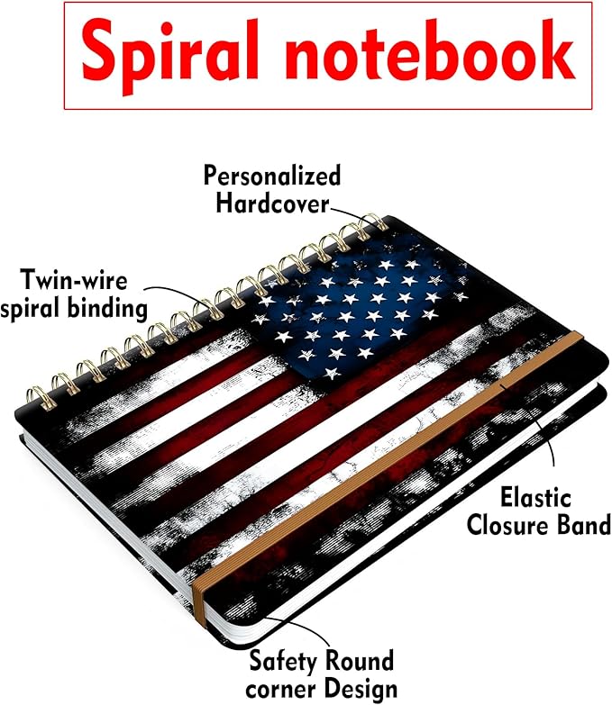Spiral Journal Notebook for Women, Hardcover A5 College Ruled Notebook, 60 Sheet, Thick Paper, Cute Lined Journal for School, Office & Work, 6 x 8.4 in(Vintage American Flag)