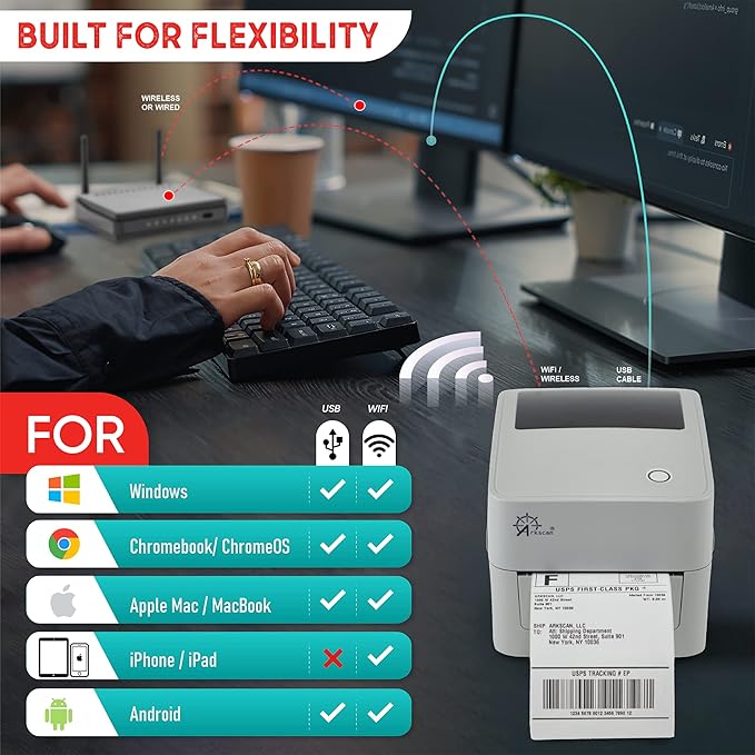 Arkscan 2054K-WF Mini WiFi Wireless Shipping Label Printer for iPhone Windows Mac Chromebook Android Support Amazon Ebay Paypal Shopify Shipstation UPS USPS FedEx Fanfold Direct Label