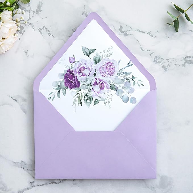 PONATIA 50PCS A7 Euro Flap Envelopes, 5.25 x 7.25'' Lilac Flowers Liner Envelopes for 5x7 Weddings Invitations, Photos, Postcards, Greeting Cards, Christmas Gift Cards, Acrylic Mailing