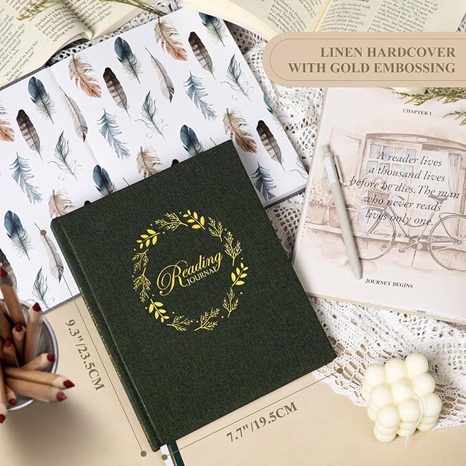 Lanpn Reading Journal Book Journal for Book Lovers Readers, 52 Book Reviews Linen Hardcover Book Tracker Journal, 158 Pages Reading Log Book Reading Notebook Bookish Gifts, 9.3" x 7.7" (Green)