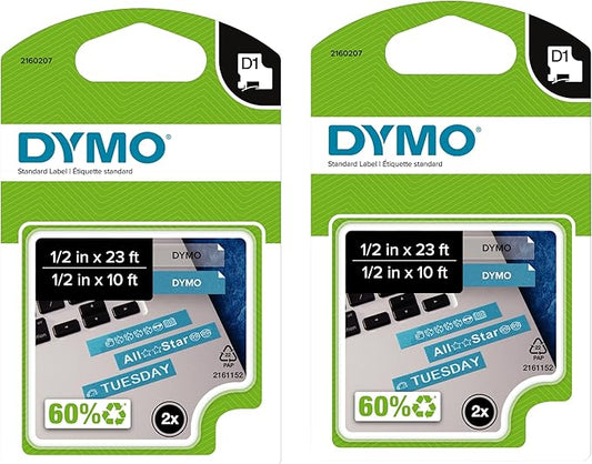 DYMO Authentic D1 Labels 1/2-Inch x 23-Foot Roll Black Print on White Self-Adhesive For LabelManager Label Makers 2-Pack