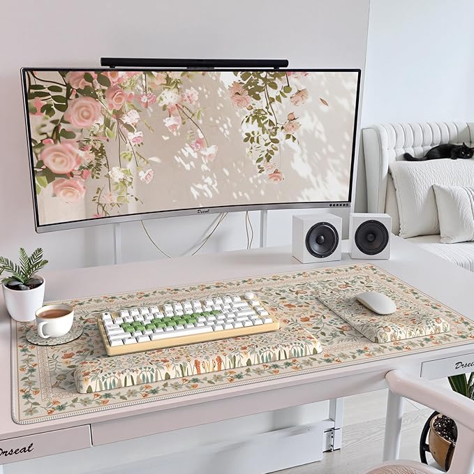 iCasso Mouse Pad with Wrist Rest,Large Desk Mat Set,Ergonomic Keyboard Pad with Wrist Support,Non-Slip Mouse Mat for Women,Cute Floral Computer Mat for Home Office Gaming (Beige)
