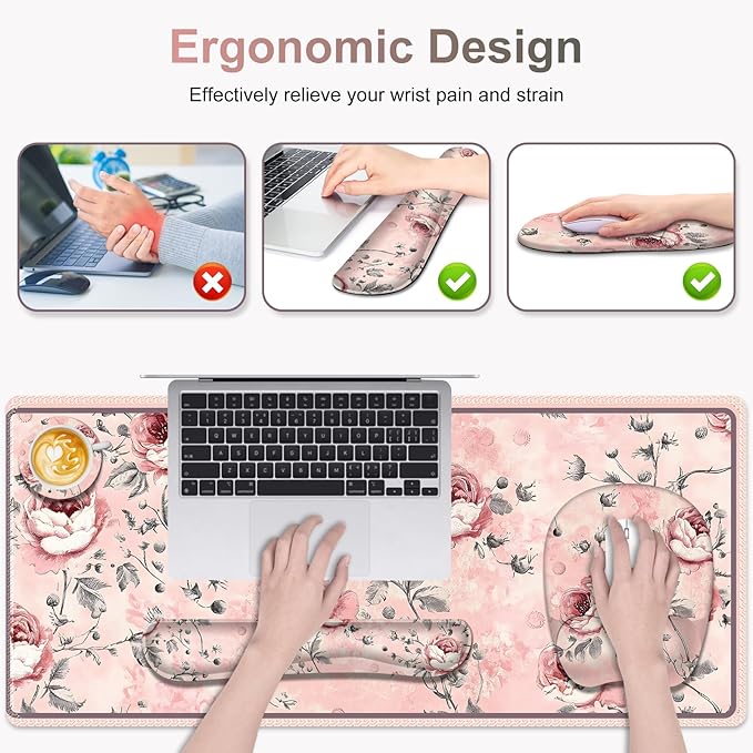 4 in 1 Large Mouse Pad, Keyboard Wrist Rest Set, Ergonomic Mouse Pad with Wrist Support, Desk Mat with Stitched Edges Extended Desk Pad Waterproof Desk Mat for Home Office Game I Pink Rose Flowers