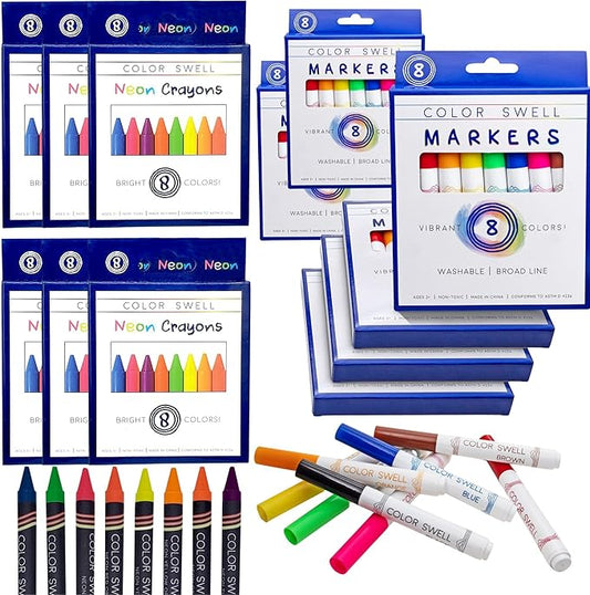 Color Swell Bulk Markers and Bulk Neon Crayons (6 Boxes of Each) - 144 Total Regular Crayons and 48 Total Broad Line Markers