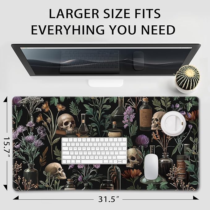 Large Gaming Mouse Pad 31.5x15.7 Inch, XXL Mousepad with Non-Slip Rubber Base & Stitched Edges, Extended Desk Mat for Computer/Laptop/Office/Home Goth Floral Black Mystical