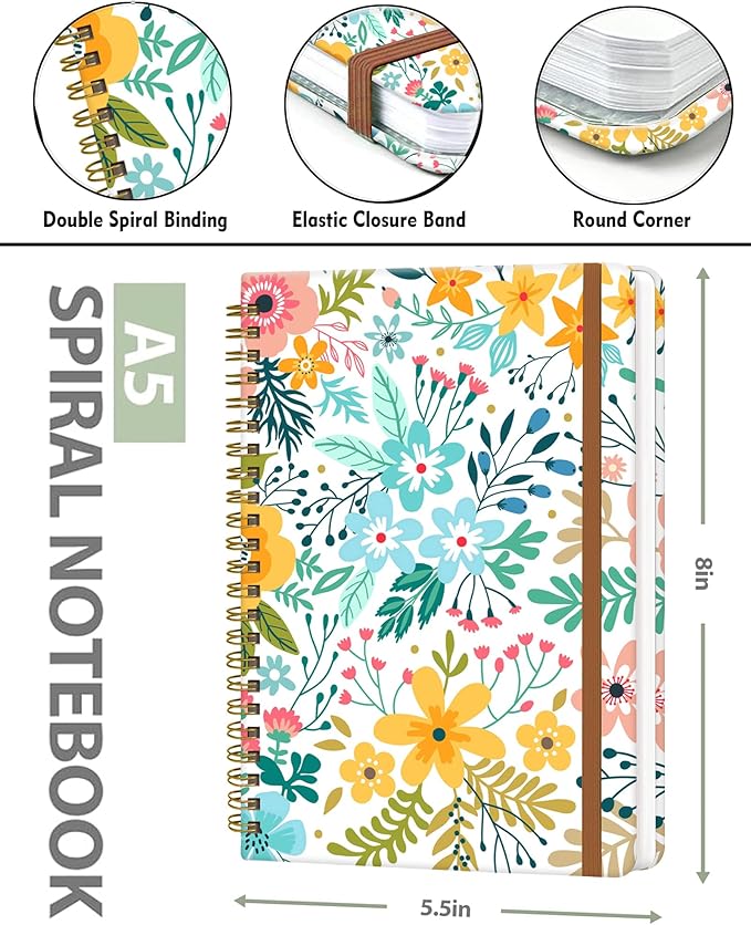 Spiral Journal Notebook for Women, Hardcover A5 College Ruled Notebook, 120 Pages, Thick Paper, Cute Lined Journal for School, Office & Work, 6 x 8.4 in(Beautiful Spring Floral)