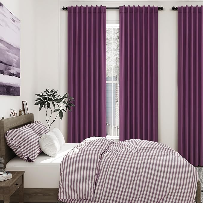 Purple Linen Blackout Curtains 120 Inch Length 2 Panels Set Extra Long 10 Ft Back Tab Pocket Drapes Thermal Insulated Total Blocking Curtains for Dining Room Cottage High Window Curtain 52x120 Inch