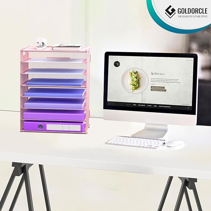 8 Tier Paper Letter Tray Organizer with Handles, Mesh Desk File Holder Storage Organization for Home School Classroom & Office (Pink)