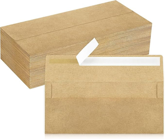 100 Pack #10 Business Envelopes, Brown Kraft Standard Envelopes Self Seal, Letter Size Mailing Envelopes for Checks Letters Invoices Christmas Birthday Graduation Wedding, 4 1/8 x 9 1/2 Inch