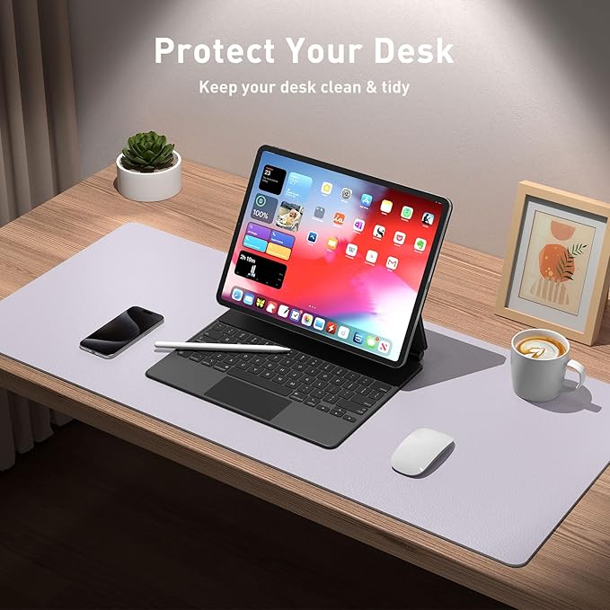 Aothia Large PU Leather Desk Pad Protector – Non-Slip Mouse Pad & Writing Mat for Office/Home, Waterproof, Easy to Clean (Soft Lavender, 23.6" x 13.7")