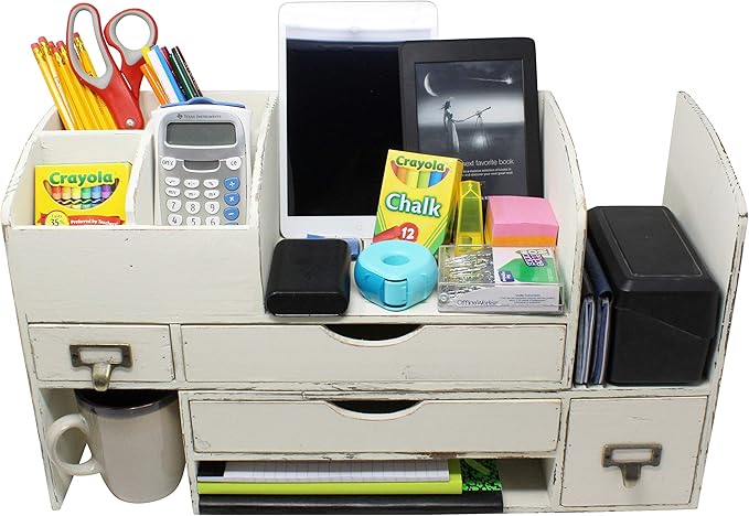 Executive Office Solutions Large Adjustable Wooden Office Desk Organizer For Desktop, Tabletop, or Counter – Wood Storage Shelf Rack – For Office Supplies, Desk Accessories, or Mail - White (WO13)