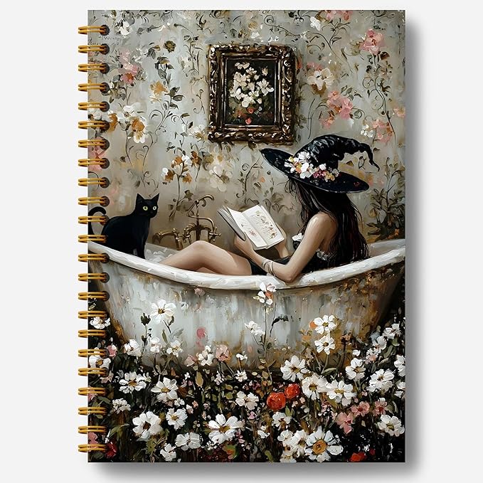 Witchy Notebook, Vintage Floral Black Cat Witch Journal Notebook, Dark Academia Gothic Notebook Journal, Witch Gifts, Witchy Gifts for Women, Goth Office Supplies, Spiral Notebook 5.5x8.3 Inch