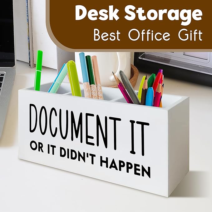 Funny Pen Holder for Desk, HR Human Resource Office Decor, Office Humor Gifts for Coworkers, Document It or It Didn't Happen Wooden Pen Pencil Holder Organizer for Desk Accessories