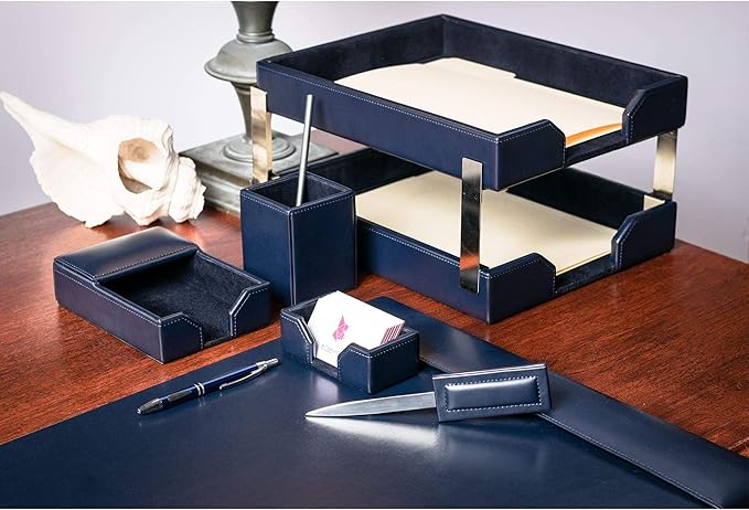 DACASSO Bonded Leather Desk Set - Luxury Leather Desk Pad & Desk Organization Essentials (Navy Blue, 8 Piece)