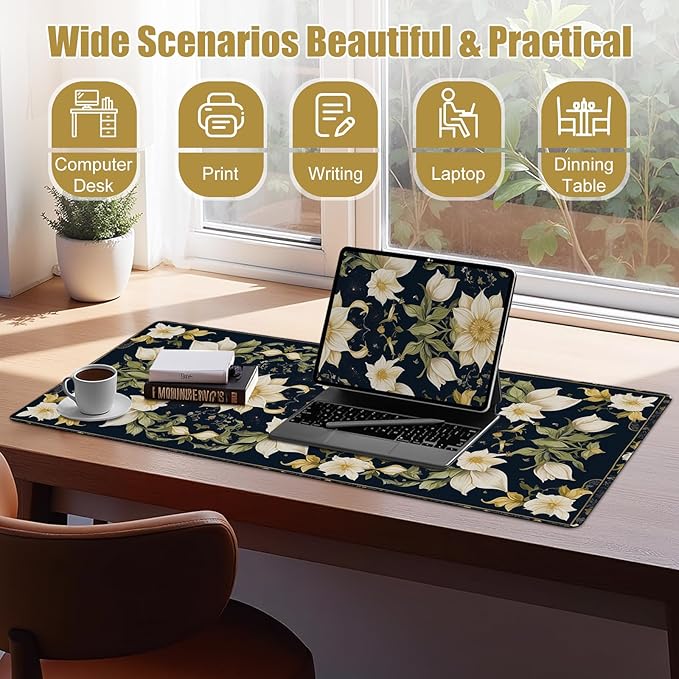 Large Desk Mat, Desk Matt for Desktop, DeskPad Mat, XXL Big Mouse Pad, Anti-Slip Mousepad with Stitched Edges, Keyboard Pad Mouse Mat Cover for Computer 35.4×15.7 in, Retro Blooming Flowers