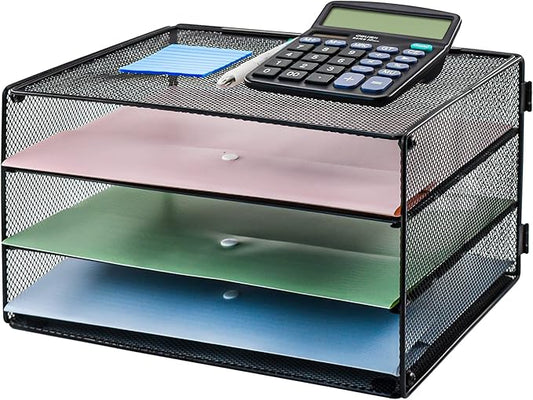 VANRA 3 Tier Letter Tray Paper Organizer Metal Mesh Desktop Document File Organizer with Sliding Tray for Office and Study