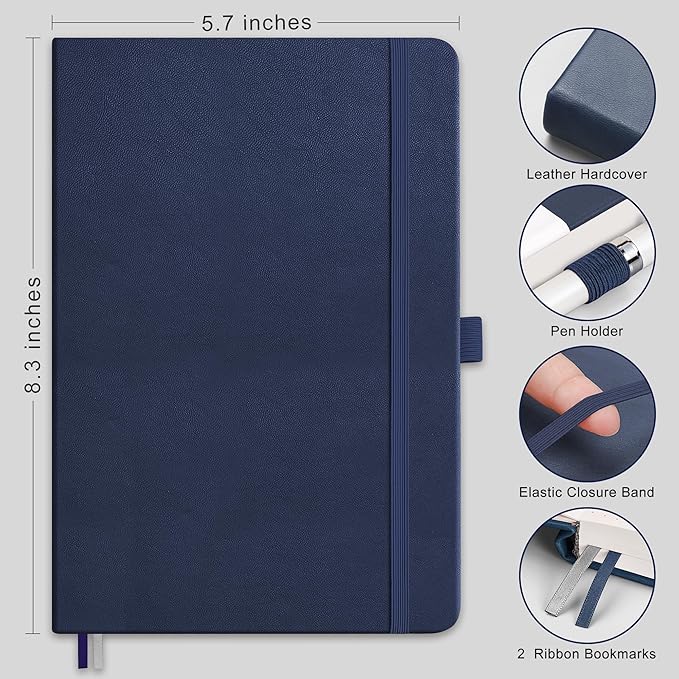 RETTACY Graph Grid Paper Notebook, 192 Pages, A5 Medium Size (5.7'' x 8.3''), 5 Squares per Inch, Leather Hardcover, 100 GSM Thick Paper, for School, Students, Math, Engineering (Navy Blue)