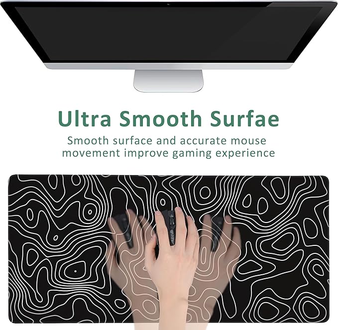 Extended Gaming Mouse Pad Abstract Topographic Fractal Lines Large Mousepad with Stitched Edges,Anti-Slip Rubber Base Keyboard Mouse Mat Desk Pad for Gaming Home Office 35.4 x 15.7 inches