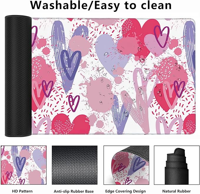 MIOAOSRT Desk Mat,Pink and Violet Hearts Gaming Mouse Pad,XXL Extended Mouse Pad Mat for Office,Computer,Keyboard with Non-Slip Base Stitched Eges Mousepad 35.4x15.75 inch