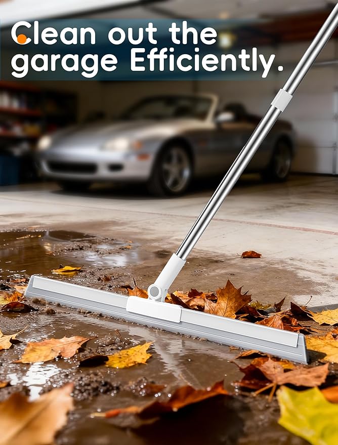 Floor Squeegee Broom with Long Handle, Heavy Duty Rubber Squeegee Kit with 2 Replacement Heads & 1 Cloth, Scrubber for Tile Floor, Garage, Concrete (3-in-1 Set)