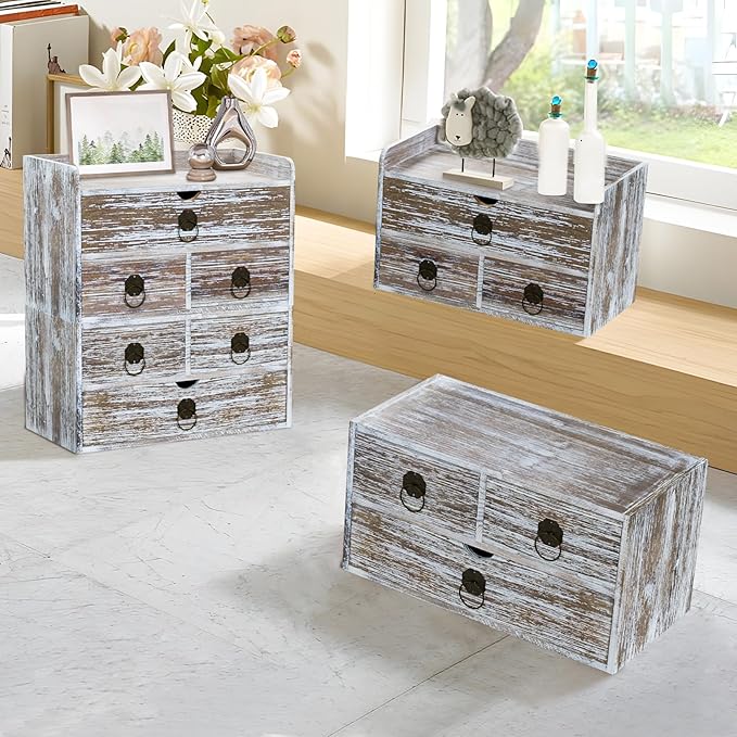 Washed Brown Wood Desk Organizer, Desktop Organizer with Drawers, Mini Tabletop Storage Organization Container for Home Office Supplies, No Assembly Required (3 Drawer and Shelf)