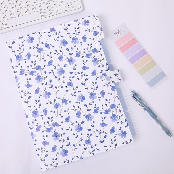 SKYDUE Expanding File Folder with 5 Pockets, Floral Accordion File Organizer for Important Document，Portable Receipt Paper Organizer，School Office Supplies,Blue
