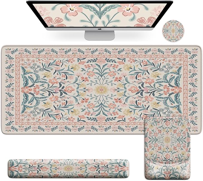 iCasso Mouse Pad with Wrist Rest,Large Desk Mat Set,Ergonomic Keyboard Pad with Wrist Support,Non-Slip Mouse Mat for Women,Cute Floral Computer Mat for Home Office Gaming (Pink Floral)