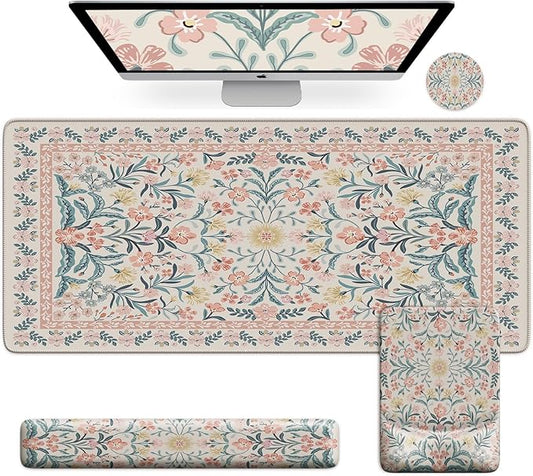 iCasso Mouse Pad with Wrist Rest,Large Desk Mat Set,Ergonomic Keyboard Pad with Wrist Support,Non-Slip Mouse Mat for Women,Cute Floral Computer Mat for Home Office Gaming (Pink Floral)