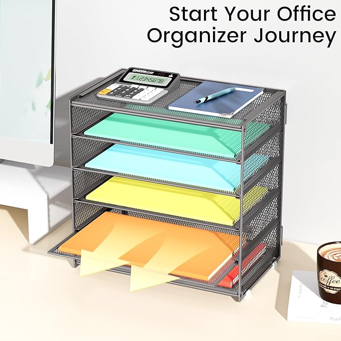2 Pack 6 Tier Paper Organizer, Metal Mesh Desk File Folder, Letter Tray Organizer, Paper Sorter Desk Organizers for Office, Home or School File Folder Holder - Gray