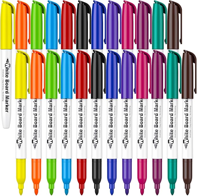 SFAIH Fine Tip Dry Erase Markers - 24 Pack 12 Assorted Color Whiteboard Erasable Markers Bulk for Kids Adults, Ideal for Classroom School Office Home Use on White Board, Non-Toxic Easy Clean