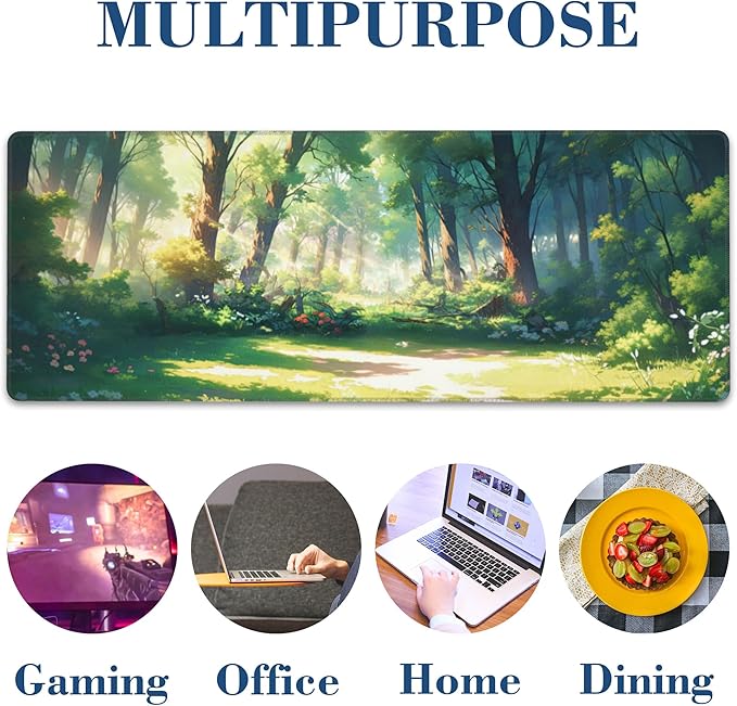 Anime Woodland Forest Mouse Pad Desk Mat XL Large Gaming Mousepad Extended Computer Keyboard Mat with Non-Slip Rubber Base and Stitched Edge 11.8 x 31.5 Inch for Gaming and Office Work