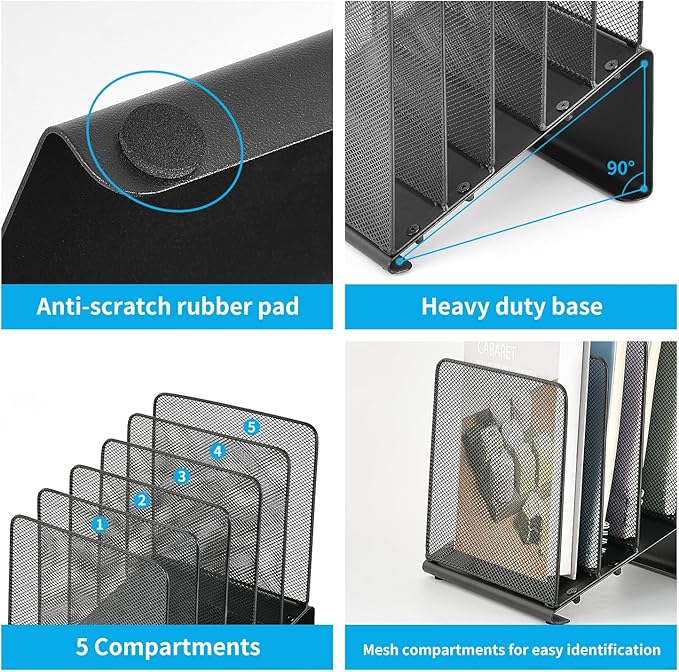File Organizer for Desk, File Folder Organizer with 5-Section Vertical Rack, Suitable for Home Office Document Organization and Storage(Black)