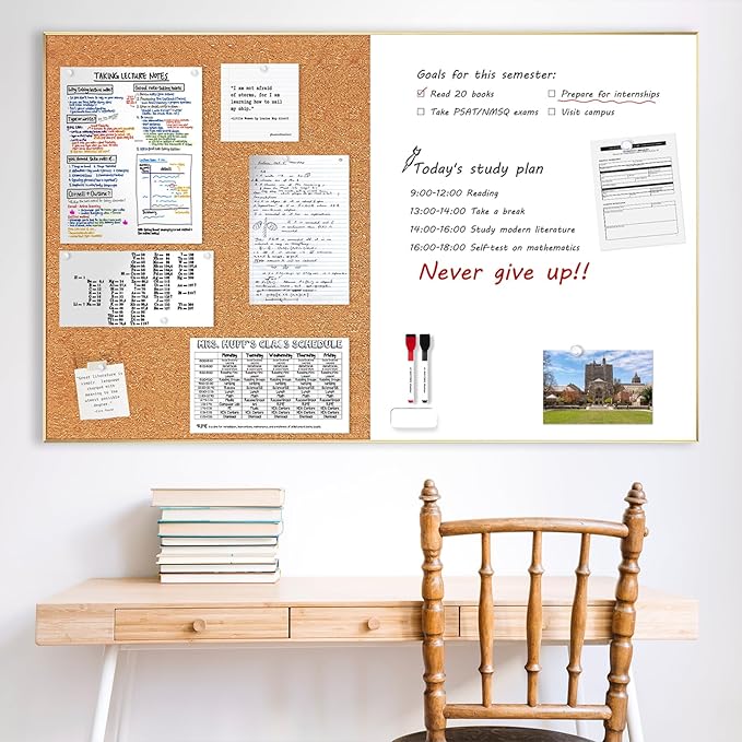 ARCOBIS Cork Board White Board Combo, Bulletin Board-Gold Frame, Magnetic Dry Erase Board & Corkboard for Wall, Vision Board for Home, Office, School (Gold, 48 x 30)
