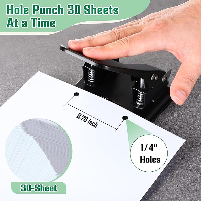 Dreyoo 2 Hole Punch with 100 Self Adhesive Prong Paper Fasteners, 2 Hole Paper Puncher for File Folder and Metal File Fasteners Combo Set, 30 Sheet Capacity, 2.75 Inch Center Paper Fasteners