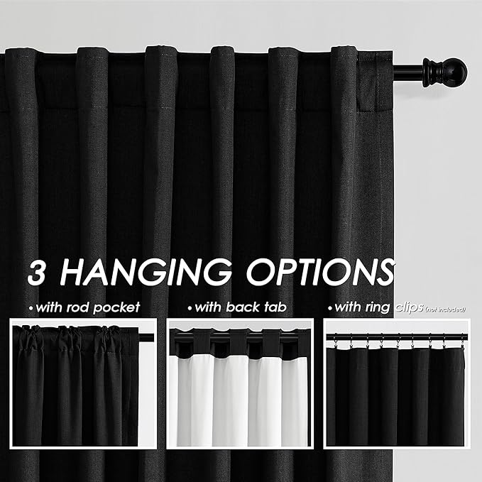100% Blackout Linen Curtains 100 Inches Long 2 Panels for Bedroom Back Tab Pinch Pleated Black Out Curtain Modern Urban Noise Cancelling Total Light Blocking Window Drapes 100 Inch Length,Black