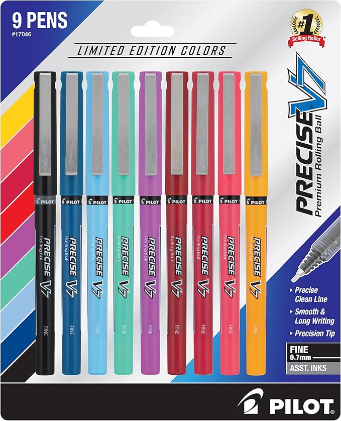Pilot Precise V7 Capped Liquid Ink Rollerball Pens, Fine Point Ink Pens 0.7 mm, Colored Pens, Limited Edition Assorted Colors, Pack of 9 - Ideal for School, Journaling, & Office Writing