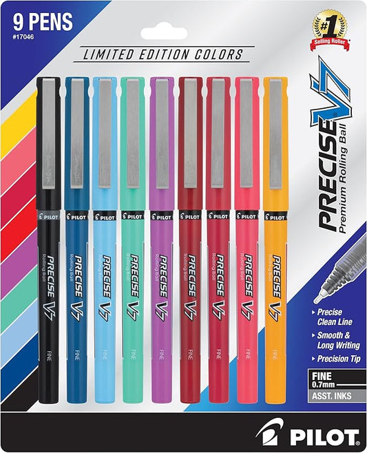 Pilot Precise V7 Capped Liquid Ink Rollerball Pens, Fine Point Ink Pens 0.7 mm, Colored Pens, Limited Edition Assorted Colors, Pack of 9 - Ideal for School, Journaling, & Office Writing