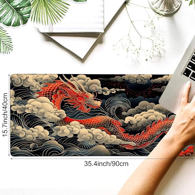 Desk Pad, Japanese Wave and Red Dragon Auspicious Clouds XXL Gaming Mouse Pad with Stitched Edges,Non-Slip Waterproof Rubber Base Large Desk Mat for Keyboard and Mouse 35.4"x15.7"