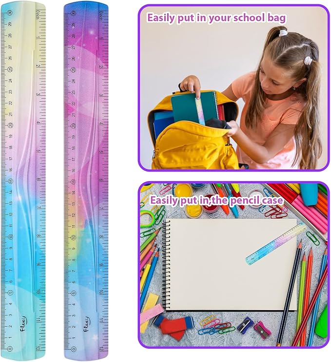2PCS Flexible Ruler, 30cm/12inch Plastic Ruler Shatterproof Straight Edge Ruler Bendable Safe Soft Gradient Colored Flex Ruler with Centimeter and Inch Scales for School Classroom Office Kids & Adults