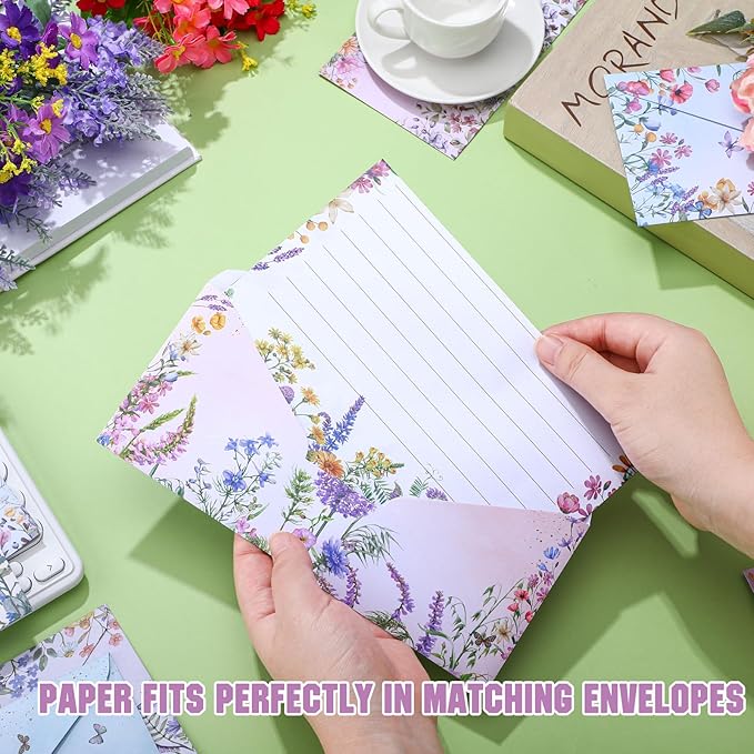 TaoBary 160 Pcs Stationery Paper Set 50 Double Sided Stationery Papers with 50 Matching Envelopes and 60 Round Dot Sticker, 10 Design(Wildflower,8.5 x 11 Inch)