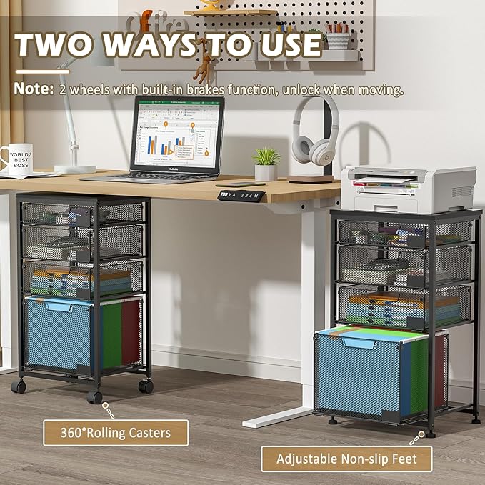 Rolling File Cart with 4 Storage Drawers, Filing Cabinet for Home Office, Hanging File Folder Organizer with Wheels Under Desk, Utility Craft Cart Printer Stand, Black, Patent Pending