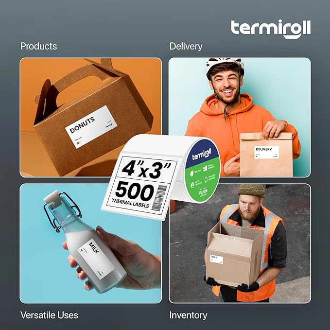 4x3 Thermal Label for Barcodes & Address - Perforated - 500 Labels/Roll - Compatible with Most Direct Thermal Printers Rollo, Zebra - Strong Adhesive, BPA-Free, Commercial Grade (4"x3", 500, Count)