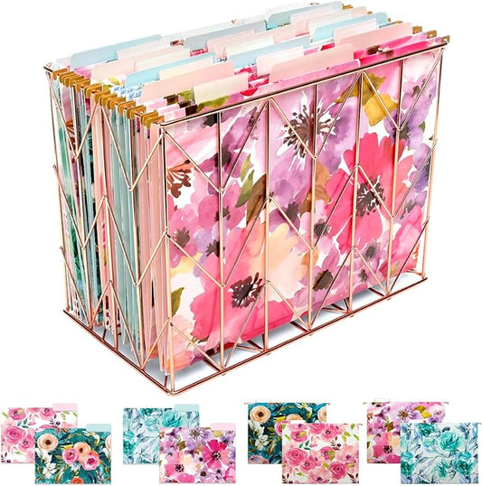Global Printed Products Deluxe Designer Hanging File Folder Kit, Includes Metal Hanging Basket, 12 Hanging Folders, 24 File Folders, 1/3 Cut Tab, Assorted Positions, Letter Size (Floral)