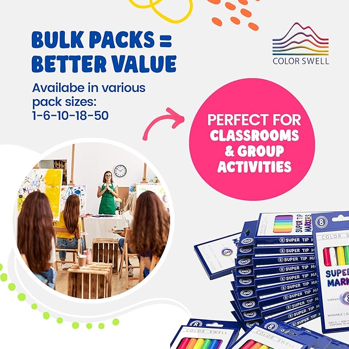 Color Swell Bulk Markers - 18 Packs 8 per Pack (144 Total) - Super Tip Bulk Markers