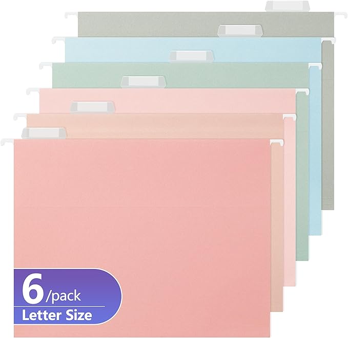 Hanging File Folders Letter Size,Pastel Colors,6 Pack Hanging File Folders with 1/5-Cut Tabs,Heavy Duty 1 Inch Expansion,Stay Organized for Your Home and Office Bulk File,Documents and Paper