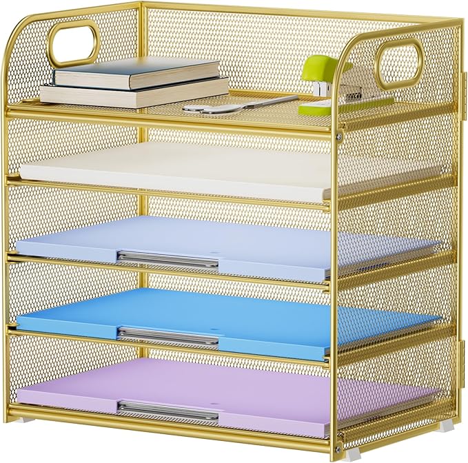 Marbrasse Paper Organizer Letter Tray, 5 Tier Mesh File Organizer with Handle, Paper Sorter Desk Organizer for Home Office Supplies - Gold